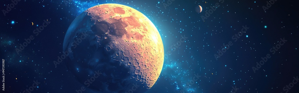 Poster Space moon icon illustrated in a realistic style for web design featuring a 3D cartoon rendering