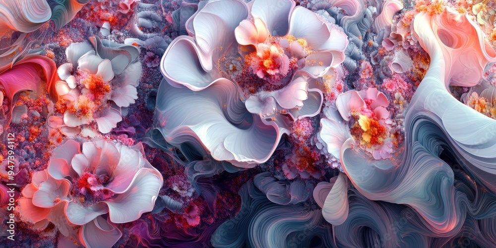 Poster Abstract fractal patterns and shapes in a 3D cartoon rendering Dynamic flowing natural forms flowers and spirals create a mysterious psychedelic relaxation pattern