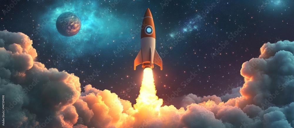 Aufkleber Successful launch of a space rocket into outer space in a 3D cartoon rendering Spaceship lifting off into a starry sky symbolizing travel and exploration of other planets