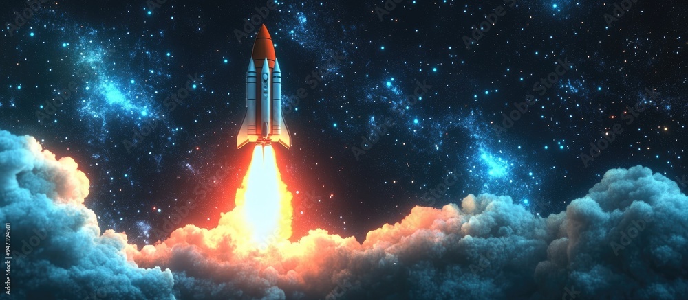 Leinwandbilder space rocket shuttle takes off into a starry sky exploring and settling on the red planet 3d cartoon