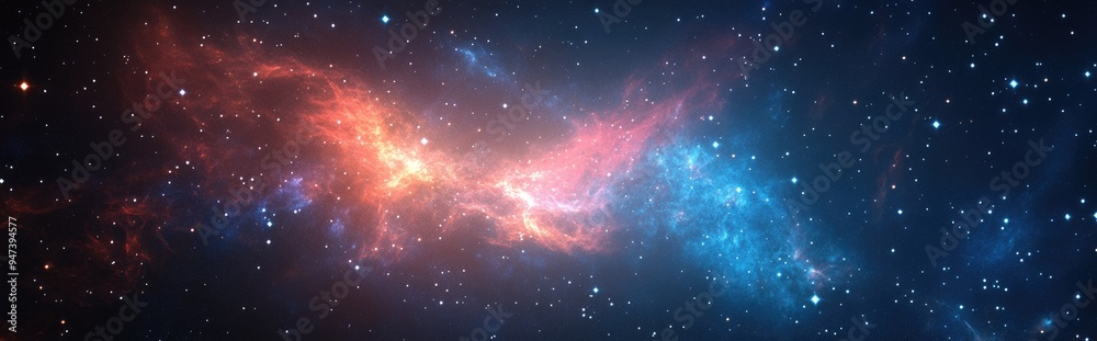 Poster Space background featuring stardust and shining stars accompanied by a colorful galaxy and realistic nebula in a 3D cartoon rendering