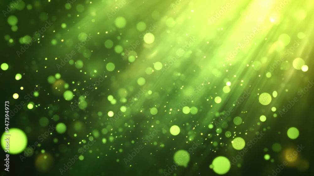 Poster Abstract bright green glowing background with flying dots circles bokeh energy particles and light rays in a 3D cartoon rendering