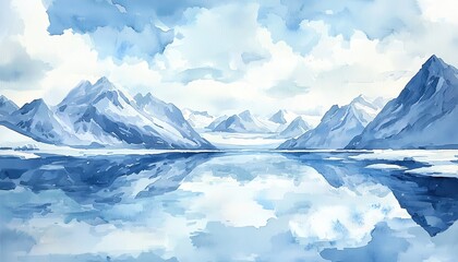 Serene watercolor landscape showcasing majestic mountains and tranquil water reflecting a stunning blue sky.