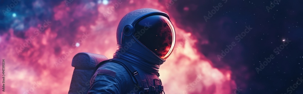 Poster Astronaut in outer space with a nebula background in a 3D cartoon rendering