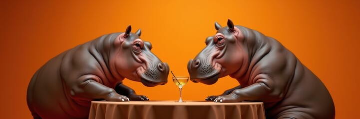 Obraz premium Two cheerful hippos engage in a playful toast, symbolizing friendship and celebration against a vibrant orange backdrop.