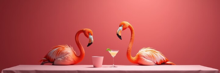 Two vibrant flamingos sit at a table with a cocktail, exuding a fun and tropical vibe perfect for summer-themed marketing or party invitations.