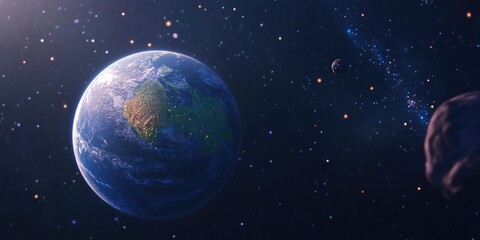 Cartoon rendering in 3D of the Earth and galaxy