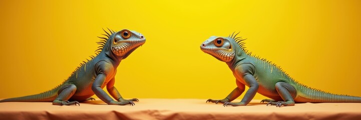 Obraz premium Vibrant lizards on a bright yellow backdrop, showcasing their exquisite colors and details. Perfect for wildlife, education, or creative projects.