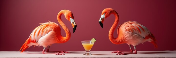 Two vibrant flamingos are elegantly positioned around a refreshing cocktail, adding a touch of tropical flair and charm to any vibrant marketing project.