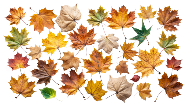 Autumn leaves pattern isolated on transparent background. Banner. PNG