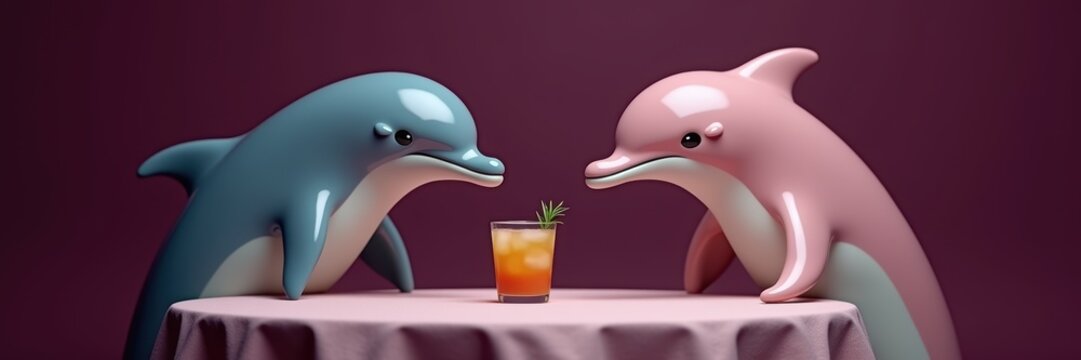 Fun and whimsical scene of two cartoon dolphins enjoying a cocktail together. Perfect for marketing, events, or social media content related to leisure and entertainment.