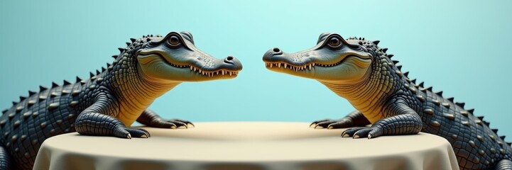 Fototapeta premium Playful crocodile figurines facing each other, ideal for children's decor, toy marketing, or wildlife conservation themes.