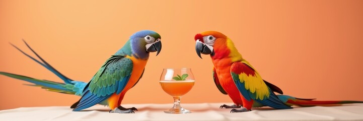 Fototapeta premium Two colorful parrots sitting at a table with a tropical drink, bringing a lively and vibrant ambiance to any project.