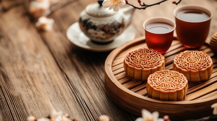 Delicious mooncakes served with tea on a wooden table, perfect for celebrations and gatherings.