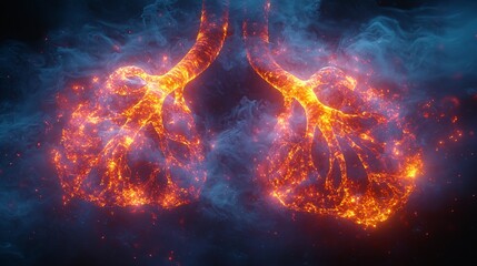 An abstract representation of lungs made of flowing streams of light, symbolizing breath and life energy in a vibrant setting.
