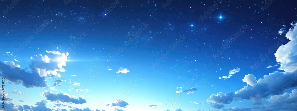 Poster night blue sky long exposure view with stars and mixed clouds in a 3d cartoon rendering