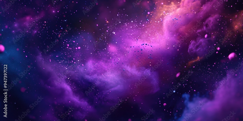 Poster cosmic abstract purple background depicting colorful dust and splashes of paint in a 3d cartoon styl