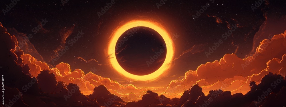 Wall mural rendering of a solar eclipse in 3d cartoon style featuring clouds and silhouettes in the foreground