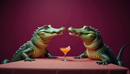 Two cartoon crocodiles enjoying cocktails at a table, creating a playful and quirky scene perfect for party themes or animal-themed events.