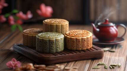 Deliciously crafted mooncakes in various colors and designs, perfect for festive celebrations and traditional tea times.