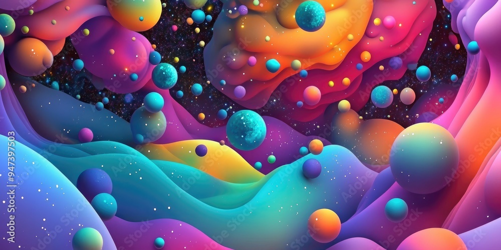 Poster Abstract cosmic background in a seamless colorful pattern rendered in 3D cartoon style