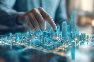 Businessman pointing at a holographic city skyline with buildings and skyscrapers. Ideal for real estate and urban development concepts, symbolizing future construction plans.