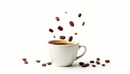 Obraz premium A stylized coffee cup with floating coffee beans, perfect for marketing, food blogs, and coffee-related businesses. Evokes warmth and energy.