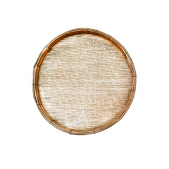 Isolated round bamboo tray is a container woven with bamboo, flat shape and rounded edges, used for drying various things. There are many beautiful patterns to choose from.