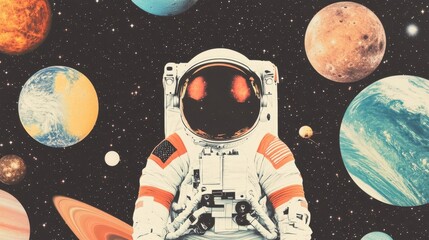 Naklejka premium A collage of space-themed imagery with planets, stars, and astronauts layered together, collage, space, cosmic