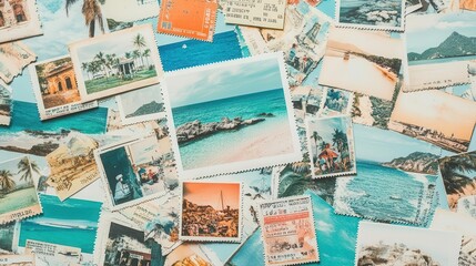 Naklejka premium A collage of travel souvenirs, including postcards, tickets, and photos from exotic places, collage, travel, souvenirs