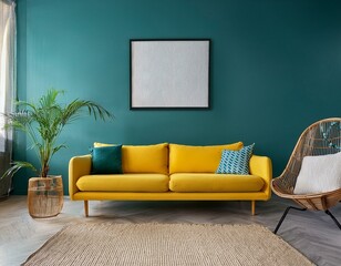 Vibrant yellow sofa and chair near teal wall with poster frame. Scandinavian interior design of modern living room.
