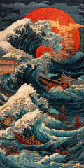 Obraz premium Japanese painting depicting a very turbulent sea with large waves