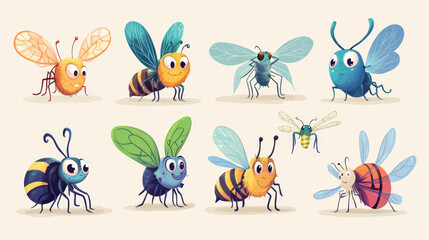 Cartoon characters of various insects, including bees, bugs, butterflies, caterpillars, flies, ladybugs, spiders, mosquitoes, wasps, ants, bumblebees, dragonflies, and hornets. Colorful and humorous.