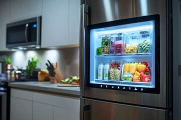A smart refrigerator displaying recipes and grocery lists on its touchscreen, symbolizing the integration of technology devices into every aspect of modern life, includin