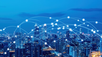 Naklejka premium Night Cityscape with Network Connection Lines