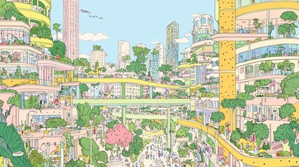 Fototapeta premium Urban Green Oasis Cartoon Illustration of a Futuristic Cityscape with Buildings and Lush Greenery