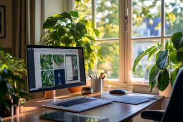 Fototapeta premium A person video conferencing from a stylish home office, with a tidy desk and greenery in the background, capturing the connection and professionalism of remote work