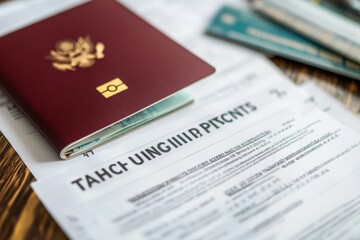 a travel insurance policy document with a passport and boarding pass beside it, symbolizing the security and peace of mind that come with travel protection
