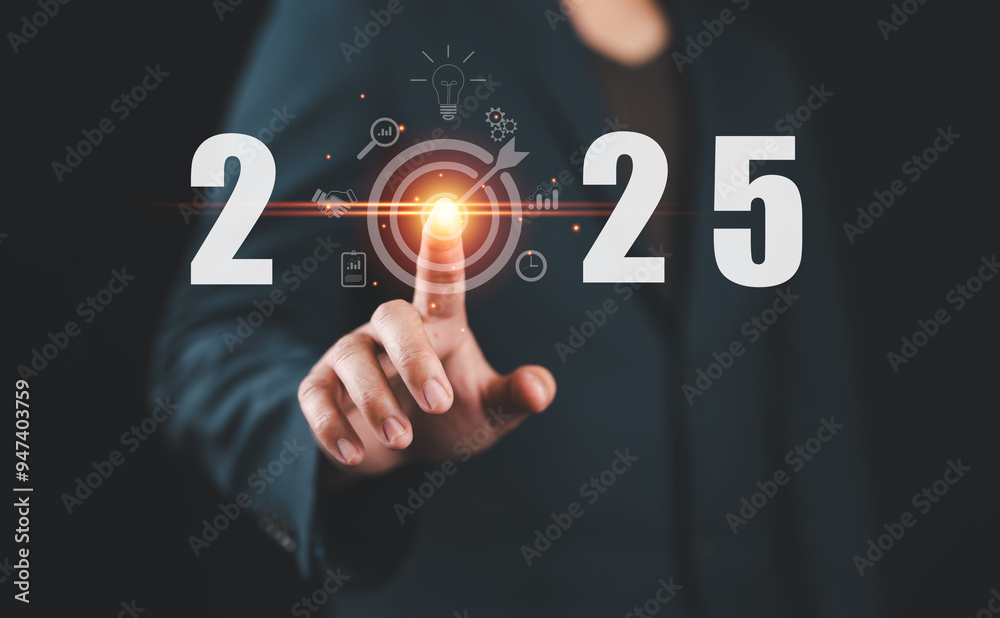 Poster businessman touching target icon on virtual screen. startup business 2025. merry christmas and happy