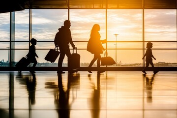 A family at the airport, ready to board their flight with travel insurance documents in hand, capturing the assurance and preparation needed for a worry-free vacation