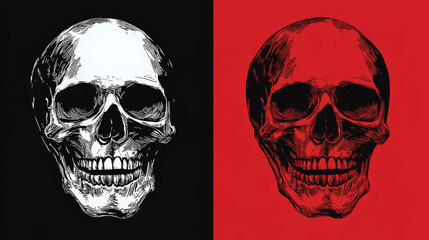 Skull illustration featuring a smiling expression, available in both black and red color schemes. Perfect for t-shirt graphics or Halloween-themed designs. A JPEG version is also accessible.