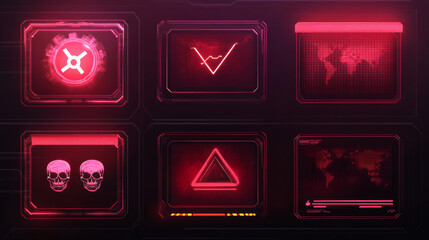 Danger and warning red frames, featuring vector HUD interface caution messages. Includes holograms for hazardous areas like radiation zones and high voltage areas, with symbols such as skulls .