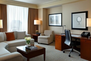 Spacious hotel suite with modern amenities, a sleek desk, and a cozy seating area, symbolizing the perfect blend of work and relaxation for business travelers
