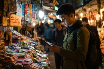 Obraz premium A traveler in a foreign market using a translation app to converse with a vendor, symbolizing the ease of communication and cultural connection made possible by translati