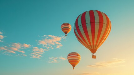 Obraz premium Three colorful hot air balloons float gracefully in a clear sky, offering a serene and picturesque view during sunset.