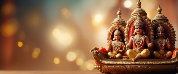 Obraz premium Three Hindu Deities in Ornate Golden Boat with Festive Lights
