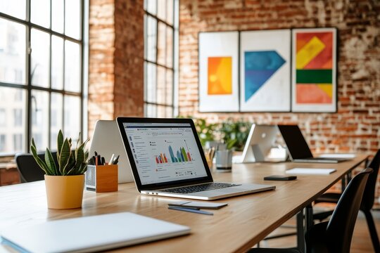 A sleek, modern startup office with laptops, whiteboards, and creative artwork, capturing the innovative and fast-paced environment of a new business venture