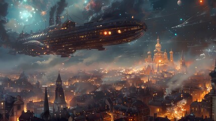 Fototapeta premium Steampunk City with Airship and Fireworks.