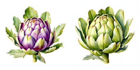 Artichokes in vibrant colors, showcasing their unique shapes and textures. left features purple hue, while right displays fresh green. 