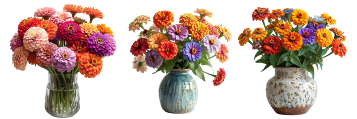 zinnia flower in vase isolated on transparent background, generative ai